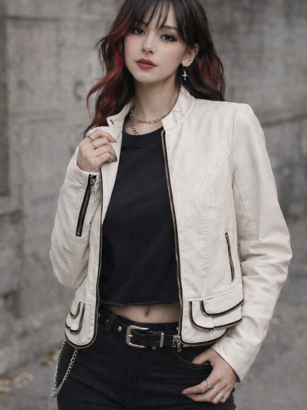 Cleo Faux Leather Jacket White Peplum Moto Style Size Large Edgy Chic